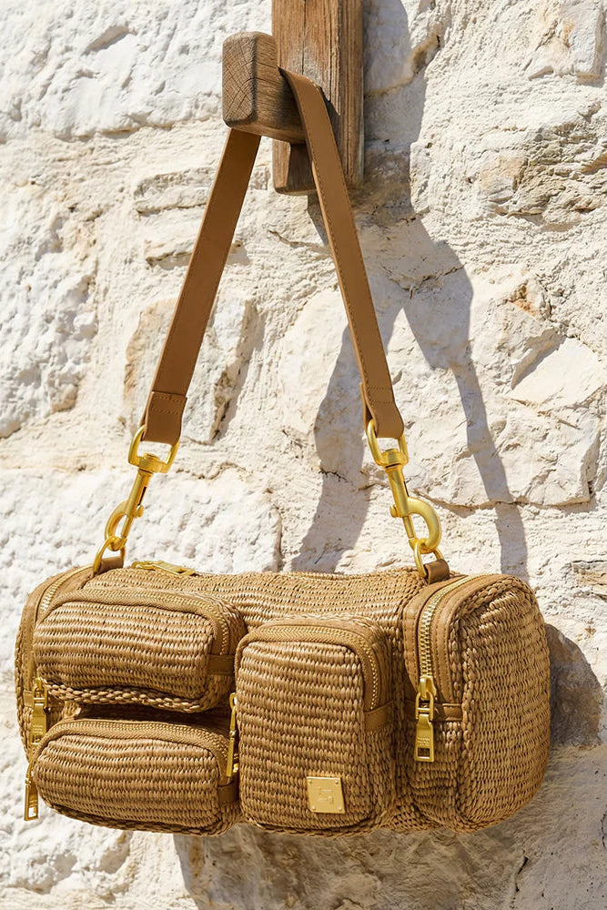 Raffia cargo handbag with front zip pockets and top handles, gold-tone hardware