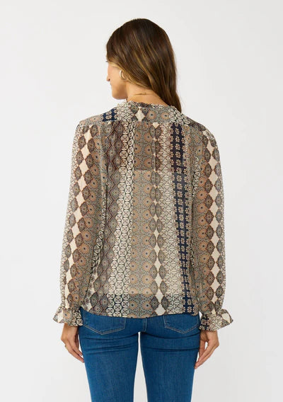 Long sleeve split neck blouse with spaghetti tie in natural navy back view