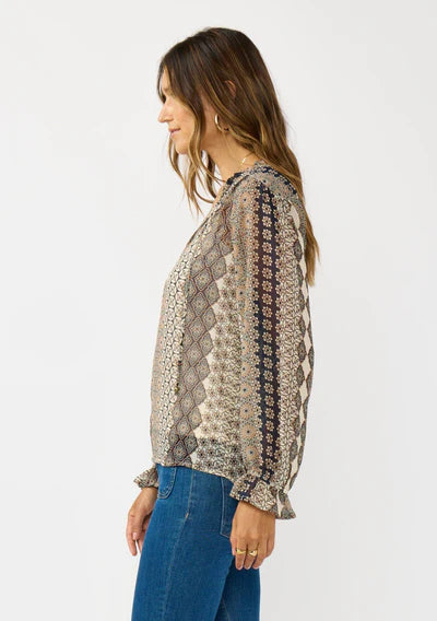 Long sleeve split neck blouse with spaghetti tie in natural navy side view