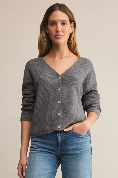 EMILE CARDIGAN IN CLASSIC HEATHER GREY FRONT VIEW