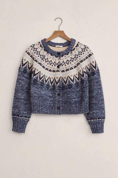 NORTH SEA FAIRISLE CARDIGAN IN BLUE VEVET HEATHER FRONT VIEW
