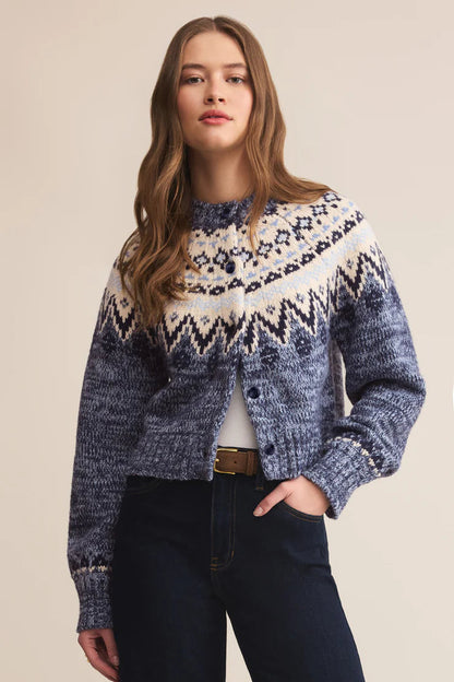 NORTH SEA FAIRISLE CARDIGAN IN BLUE VEVET HEATHER FRONT VIEW