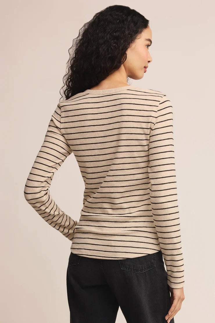 LONG SLEEVE EVE STRIPE HENLEY TOP IN LIGHT OATMEAL HEATHER BACK VIEW