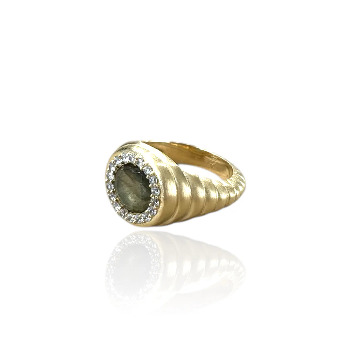 Vintage scalloped coin ring, gold-tone band with oval gemstone and sparkling rhinestone halo