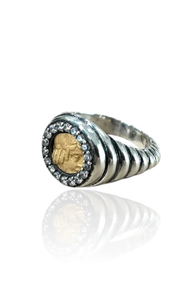 Vintage scalloped coin ring, silver-tone band with gold coin center and rhinestone halo