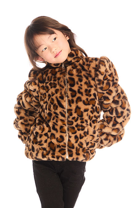 SEQUIN FAUX FUR PUFF SLEEVE JACKET IN LEOPARD LOVE FRONT VIEW