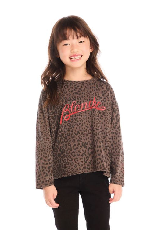 Girls vintage jersey tee in dark leopard print, long sleeves, crew neck, red Blondie logo
