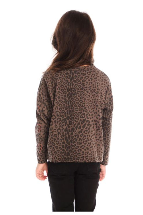 Girls vintage jersey tee in dark leopard print, long sleeves, crew neck, back view