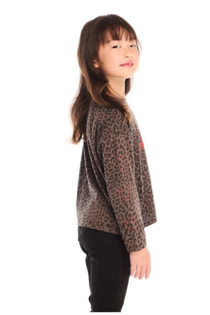 Girls vintage jersey tee in dark leopard print, long sleeves, crew neck, red logo