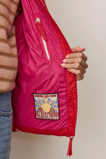 SUNBEAM PUFFER JACKET IN CHERRY RED INSIDE DETAIL VIEW