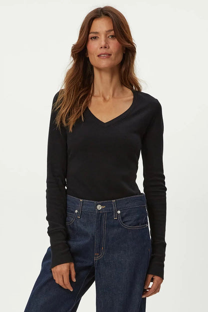 DINAH V-NECK w/SNAP WRIST IN BLACK/NUDE FRONT VIEW