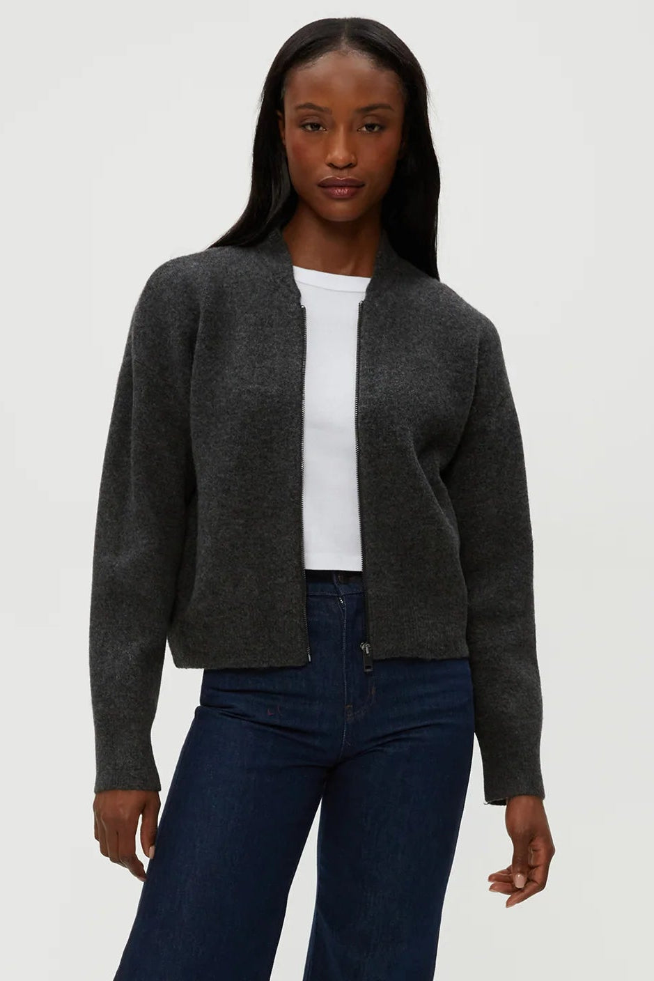 LIDIA CROPPED BOMBER JACKET IN CHARCOAL FRONT VIEW