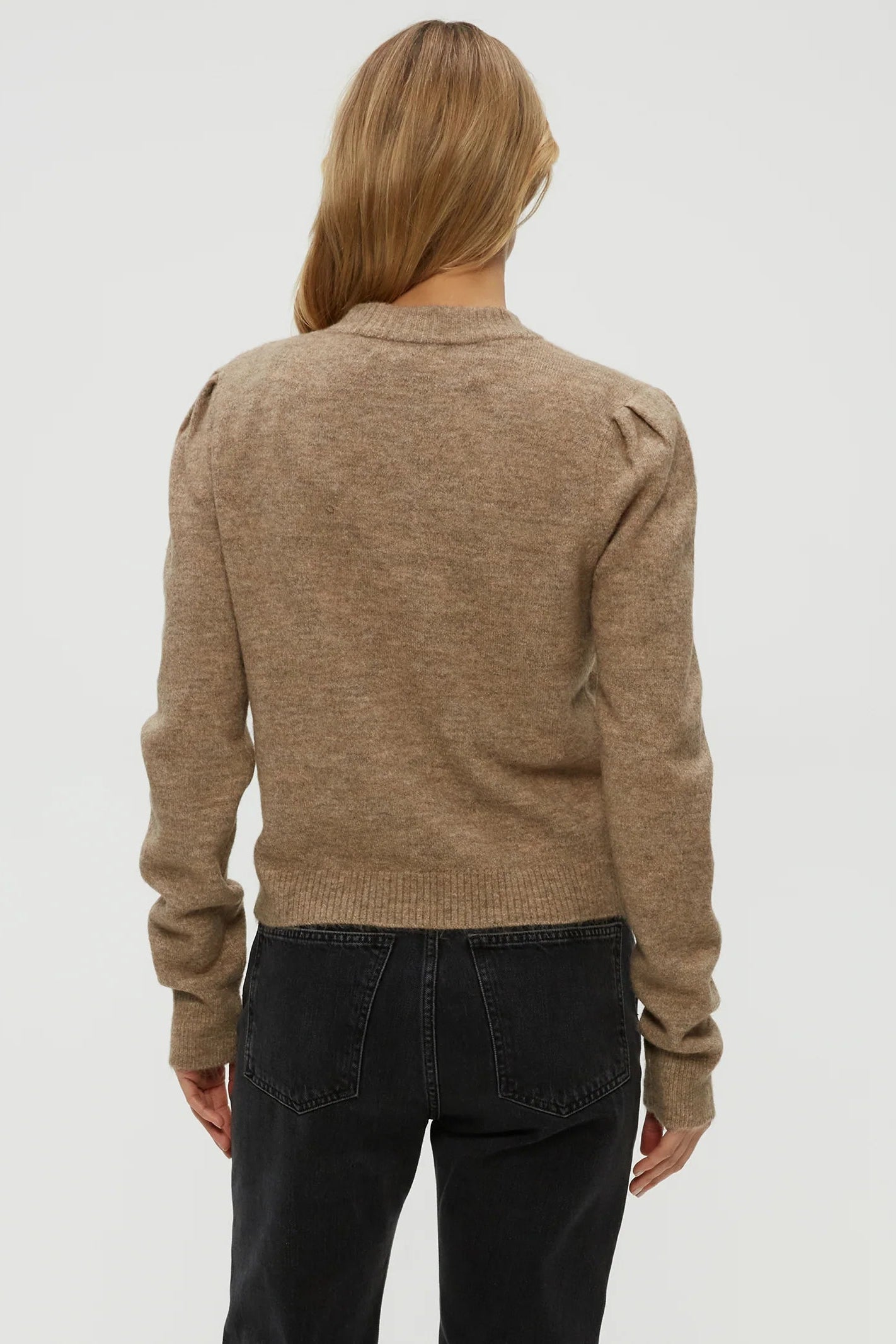 GENOVA PUFF SLEEVE PULLOVER IN DARK OATMEAL BACK VIEW
