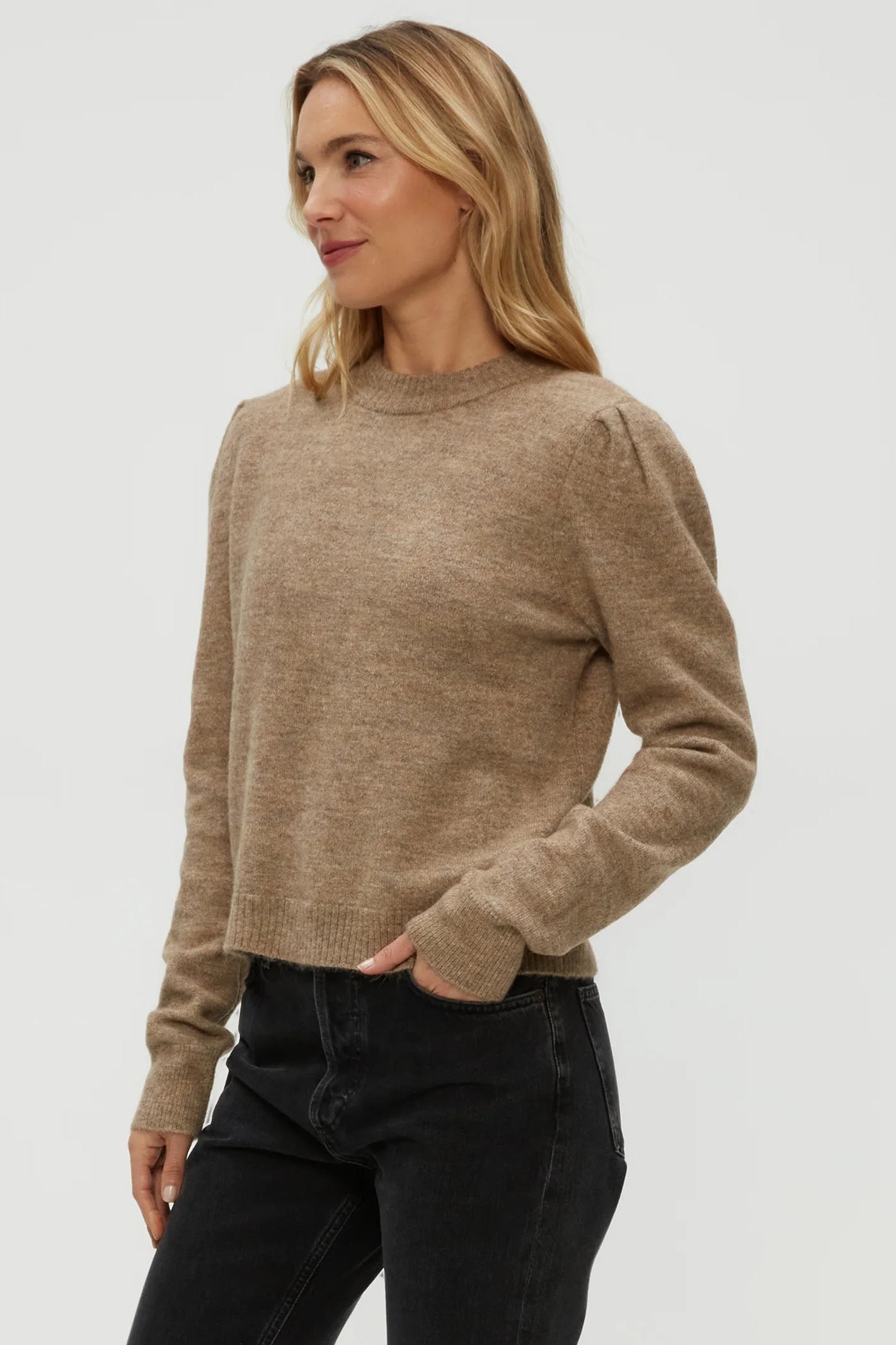 GENOVA PUFF SLEEVE PULLOVER IN DARK OATMEAL SIDE VIEW