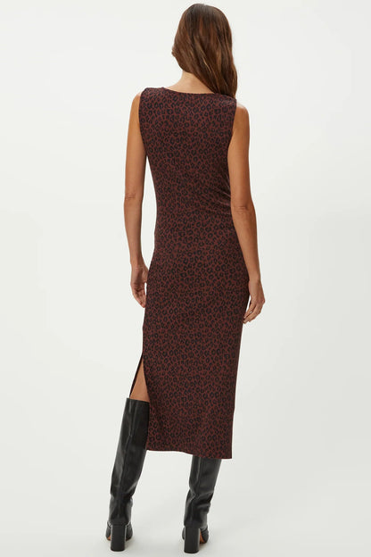 REIGN KNIFE NECK MIDI PLEATED DRESS IN ESPRESSO BACK VIEW