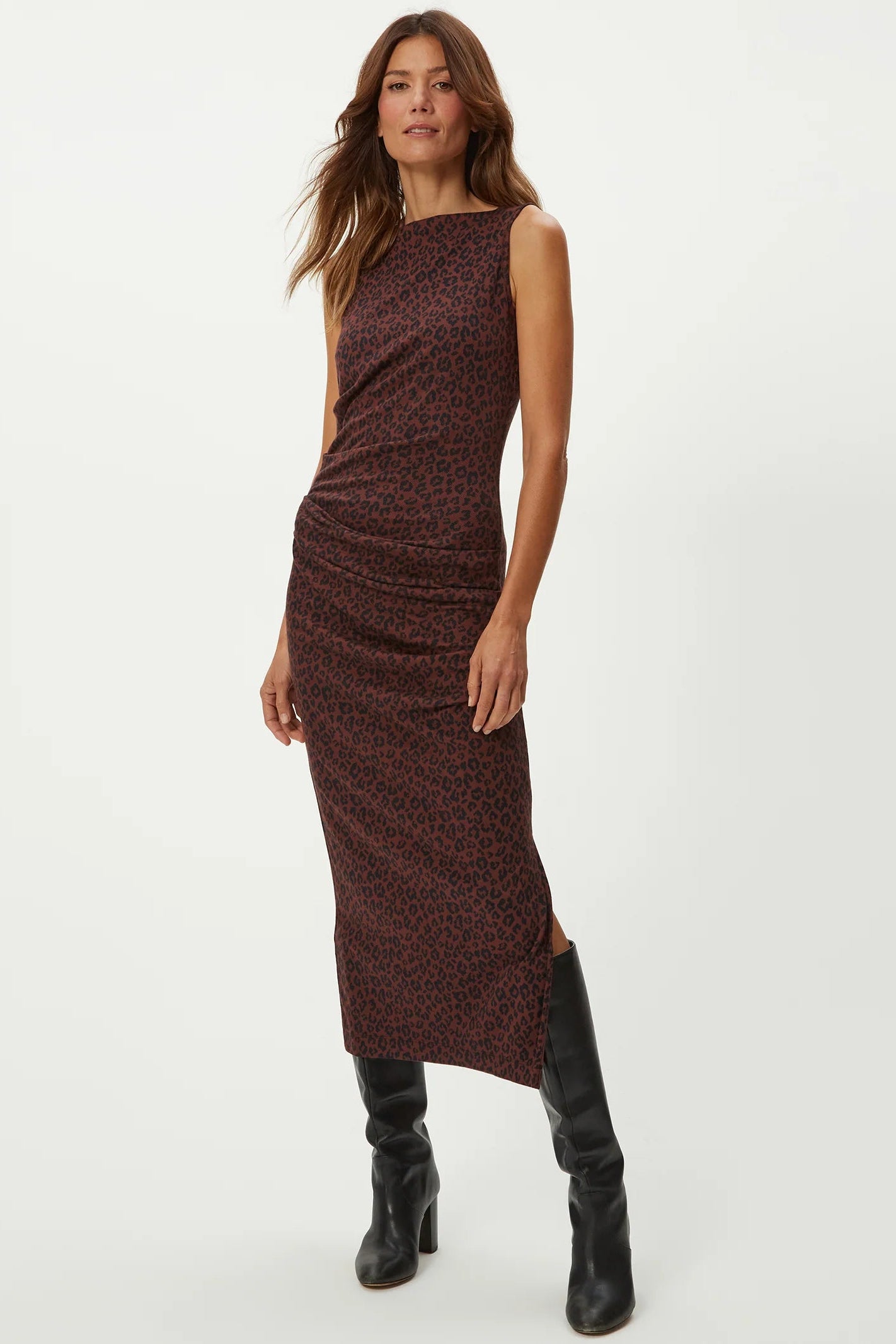 REIGN KNIFE NECK MIDI PLEATED DRESS IN ESPRESSO FRONT VIEW
