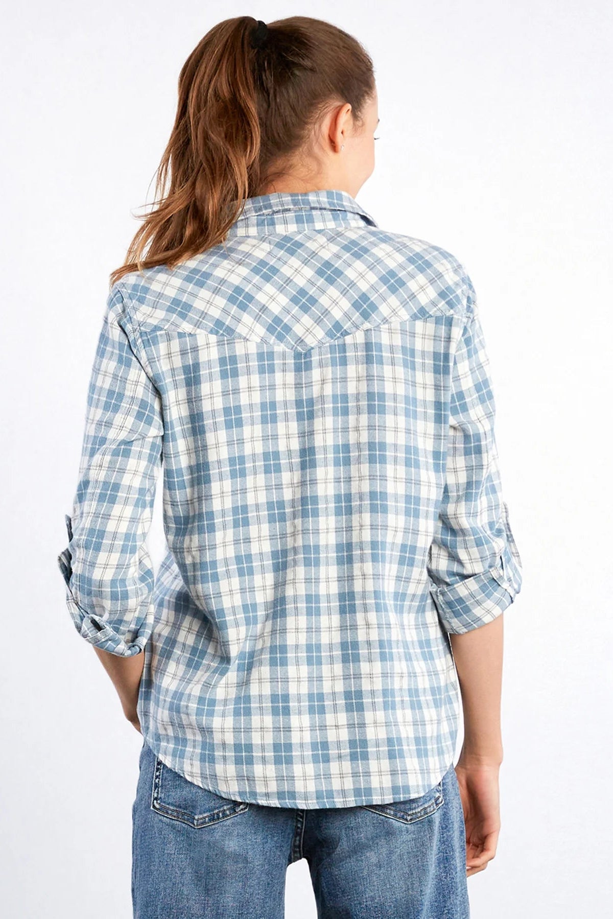 OVER THE MOON FLANNEL SHIRT IN BLUE PLAID BACK VIEW