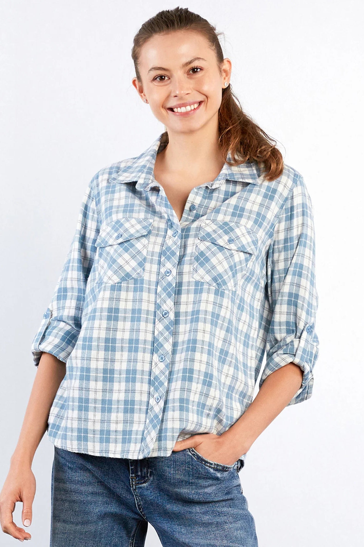 OVER THE MOON FLANNEL SHIRT IN BLUE COMBO PLAID FRONT VIEW