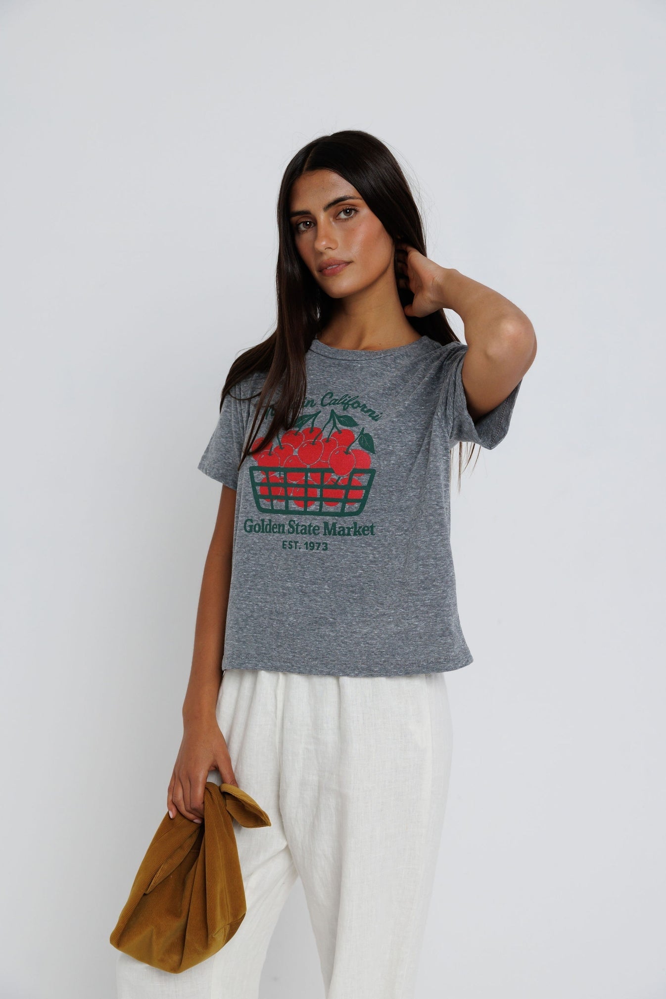 Everyday tee in heather gray with colorful farm cart graphic on the chest