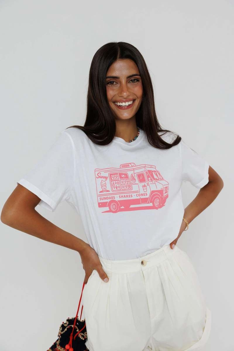 Everyday tee in white with red ice-cream truck graphic on the chest