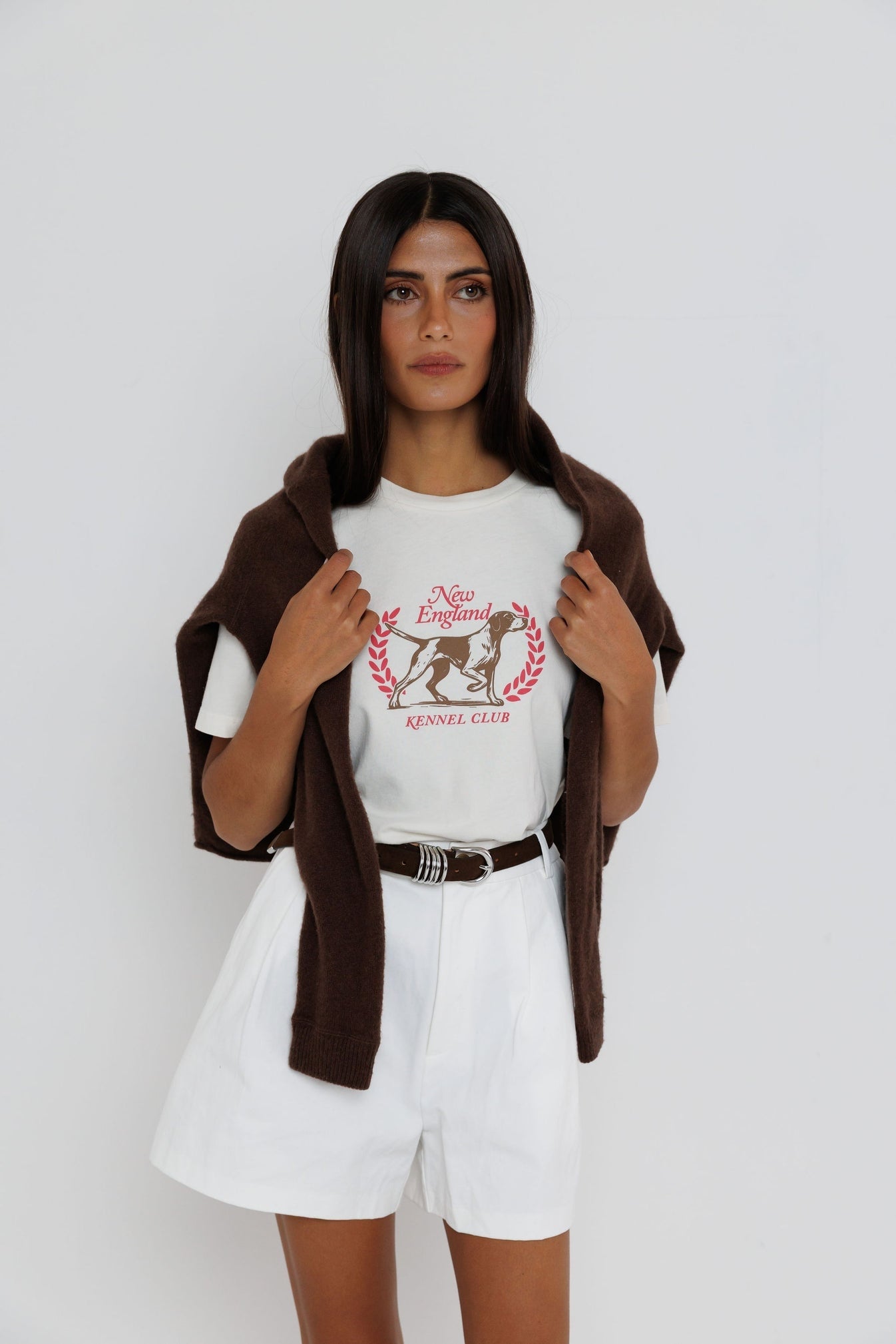 Everyday tee in white with red New England kennel club graphic on the chest