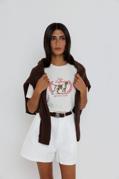 Everyday tee in white with red New England kennel club graphic on the chest