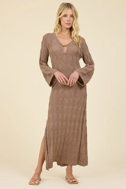 Cocoa knit maxi dress with diamond pattern, V-plunge neckline, long sleeves, side slit