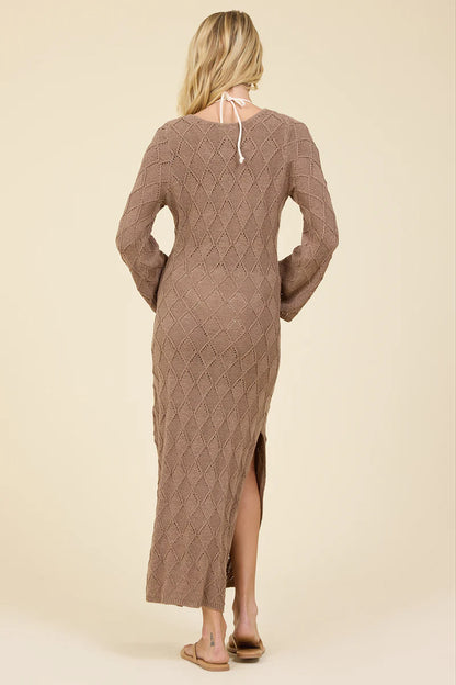 Cocoa knit maxi dress with diamond pattern, open back tie strap, long sleeves, side slit
