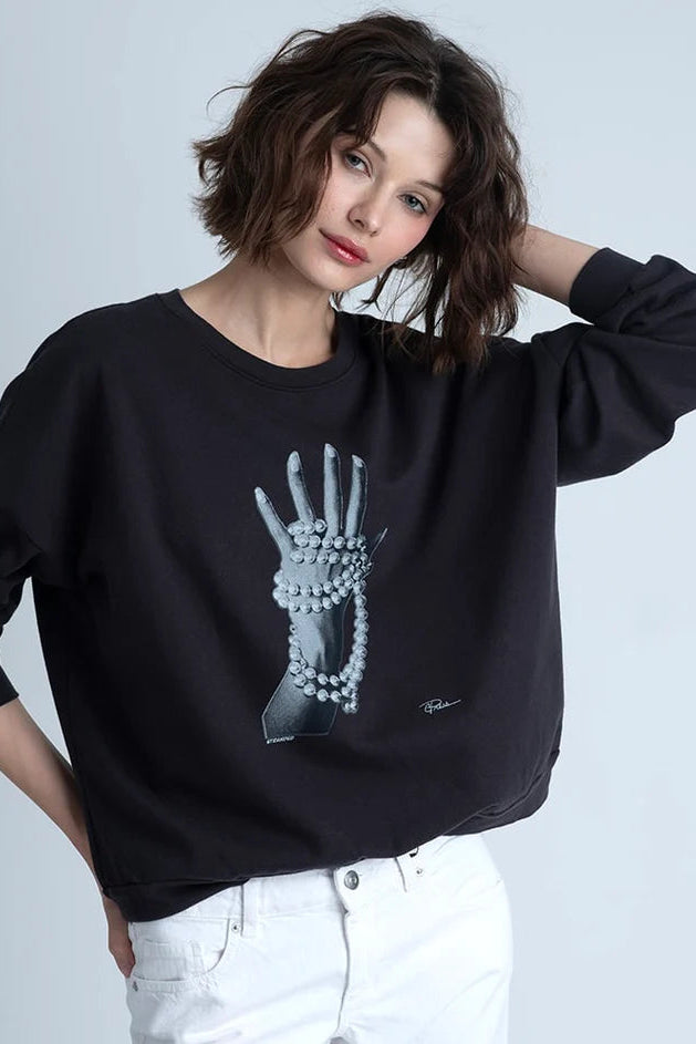 STRANDED COZY SWEATSHIRT IN WORN BLACK FRONT VIEW