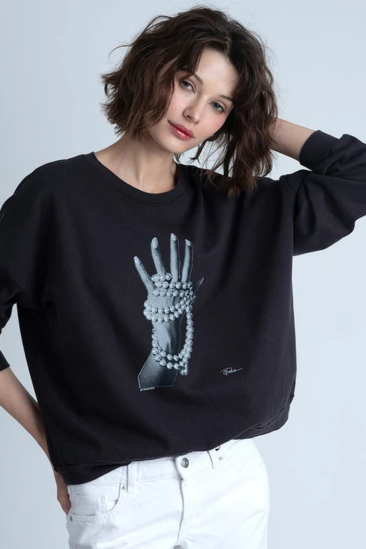 STRANDED COZY SWEATSHIRT IN WORN BLACK FRONT VIEW
