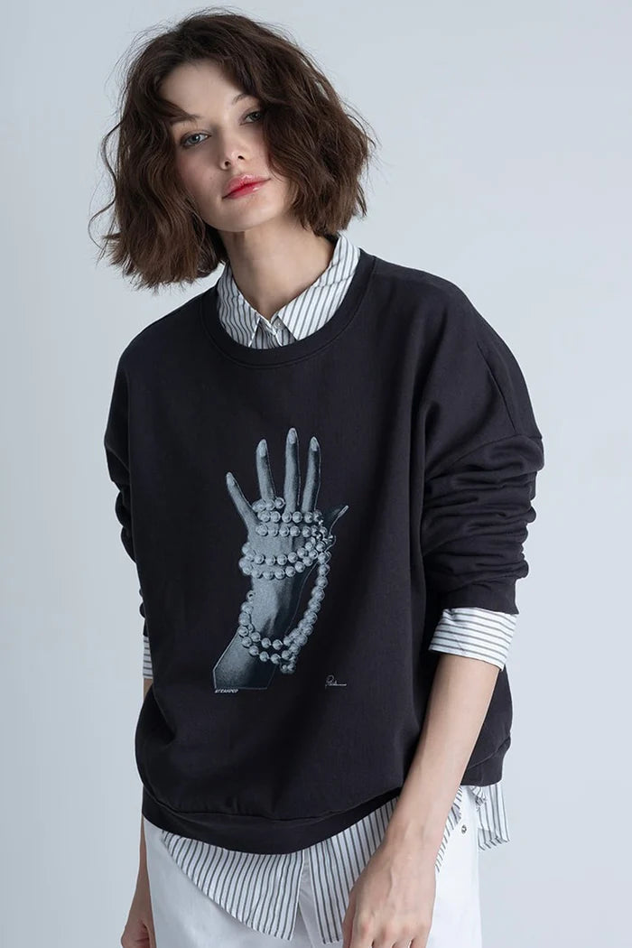 STRANDED COZY SWEATSHIRT IN WORN BLACK FRONT VIEW