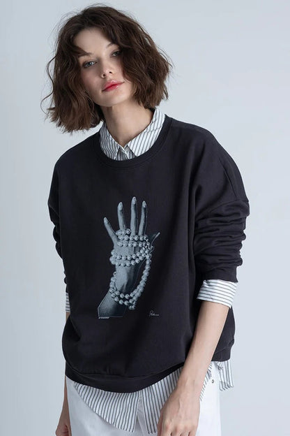 STRANDED COZY SWEATSHIRT IN WORN BLACK FRONT VIEW