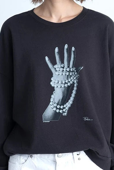 STRANDED COZY SWEATSHIRT IN WORN BLACK FRONT DETAIL VIEW