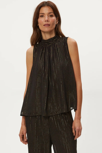 ALICIA SLEEVELESS TOP w/TIE NECK IN BLACK COMBO FRONT VIEW