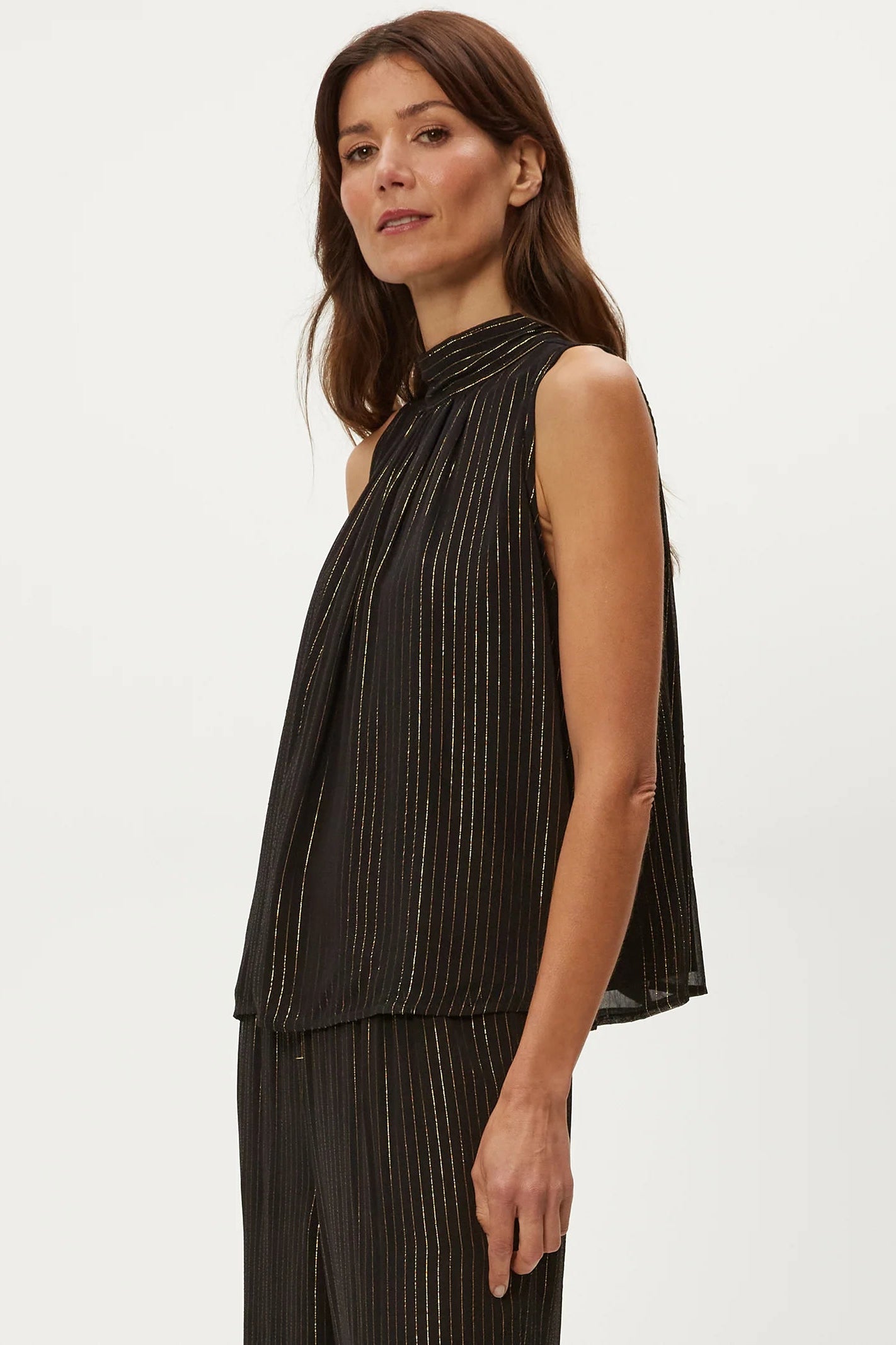 ALICIA SLEEVELESS TOP w/TIE NECK IN BLACK COMBO SIDE VIEW
