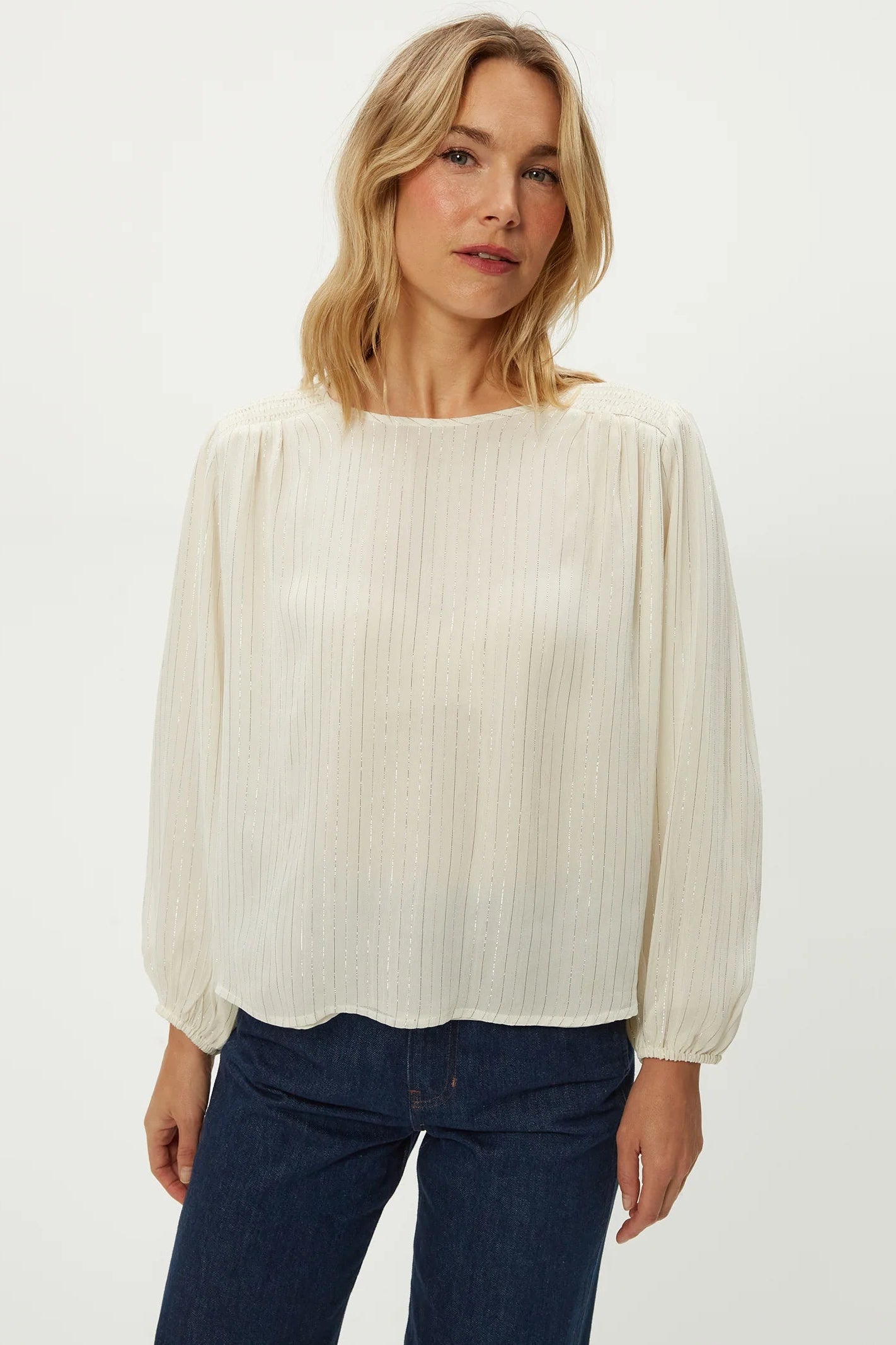 DOLLY BLOUSE w/ SMOCKING DETAIL IN IVORY FRONT VIEW