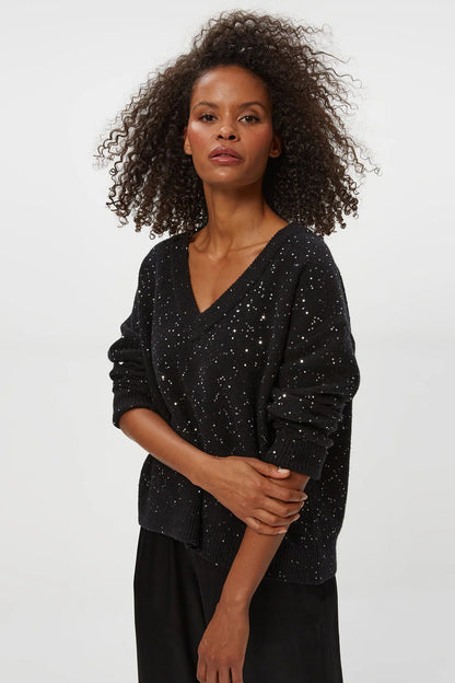 FRANCIS V-NECK SWEATER IN BLACK FRONT VIEW