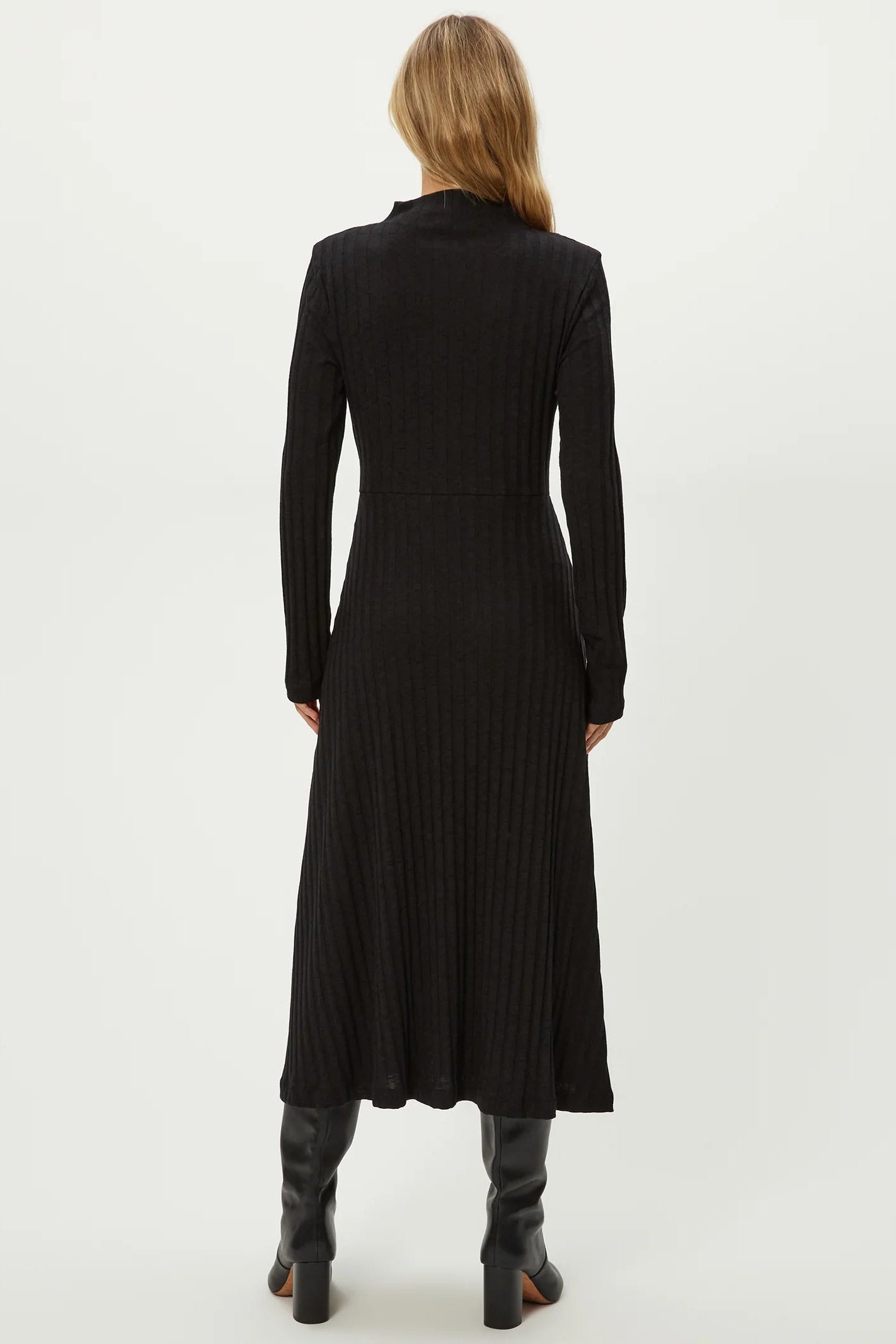 LENOX MOCK-NECK MIDI DRESS IN BLACK BACK VIEW
