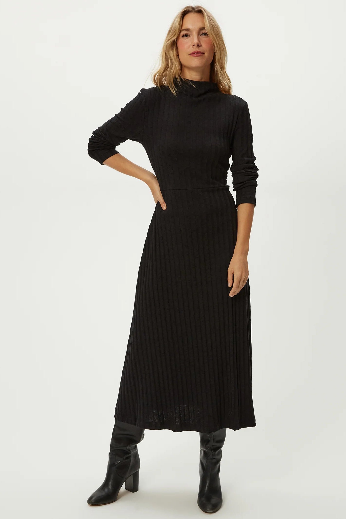 LENOX MOCK-NECK MIDI DRESS IN BLACK FRONT VIEW