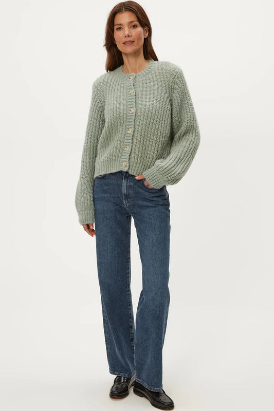 LUMI CREW NECK CARDI IN SAGE FRONT VIEW