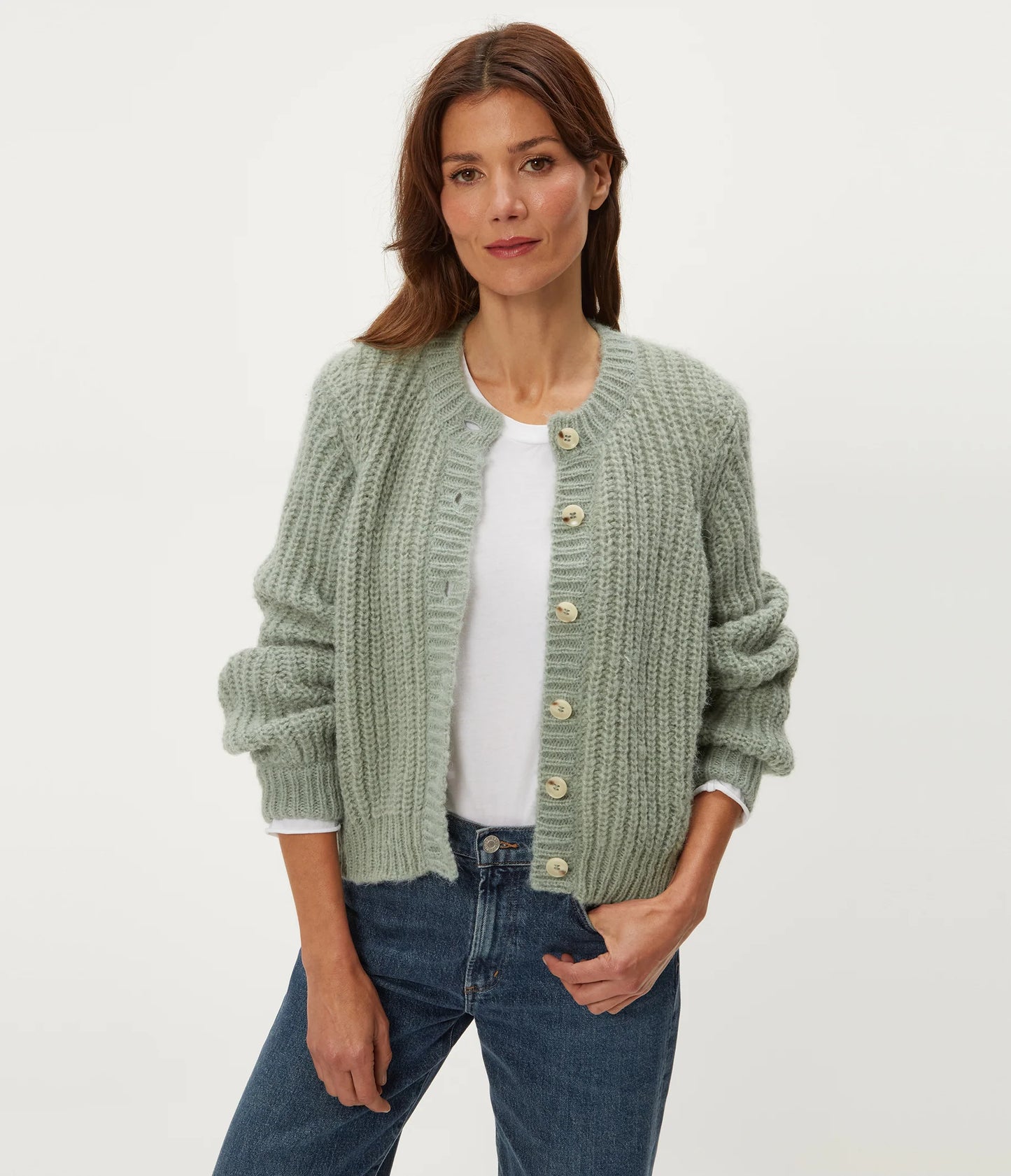LUMI CREW NECK CARDI IN SAGE FRONT VIEW