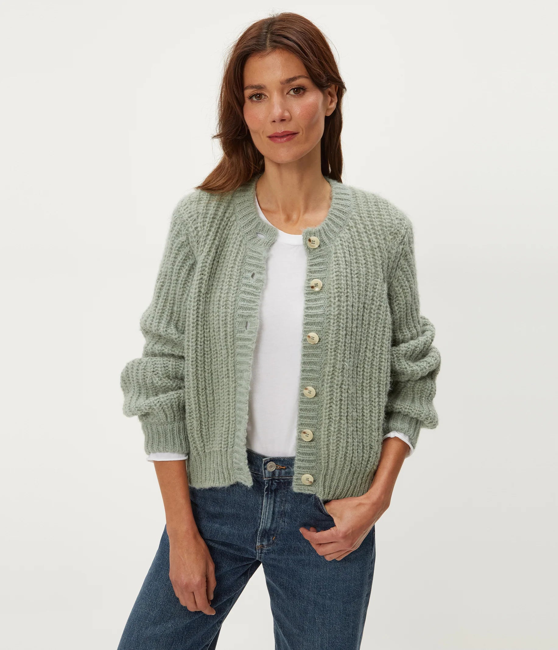 LUMI CREW NECK CARDI IN SAGE FRONT VIEW