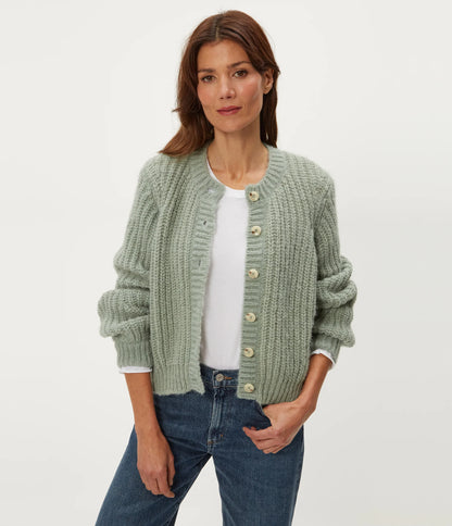 LUMI CREW NECK CARDI IN SAGE FRONT VIEW