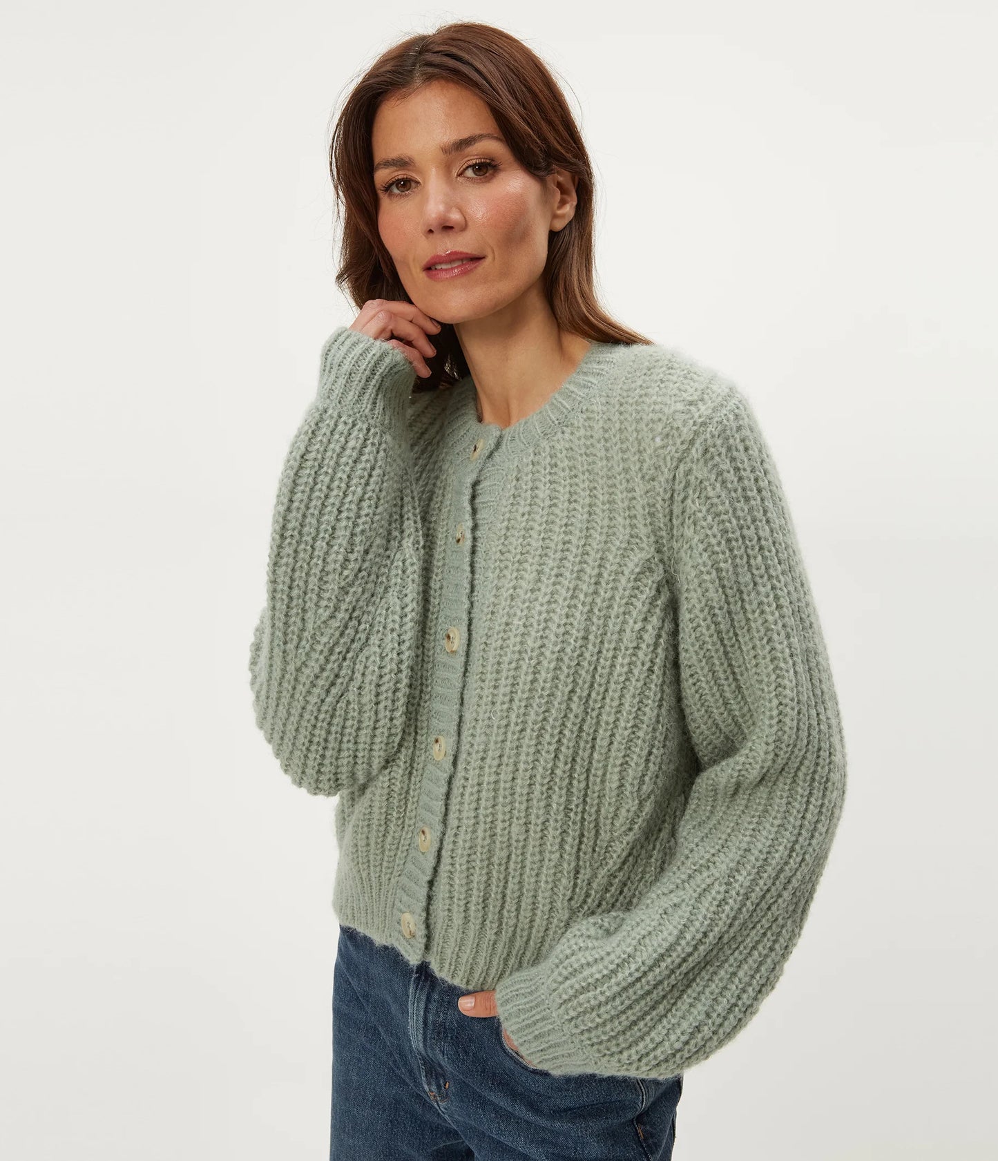 LUMI CREW NECK CARDI IN SAGE SIDE VIEW