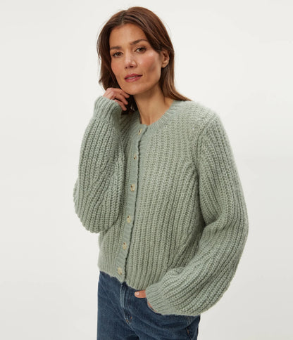 LUMI CREW NECK CARDI IN SAGE SIDE VIEW