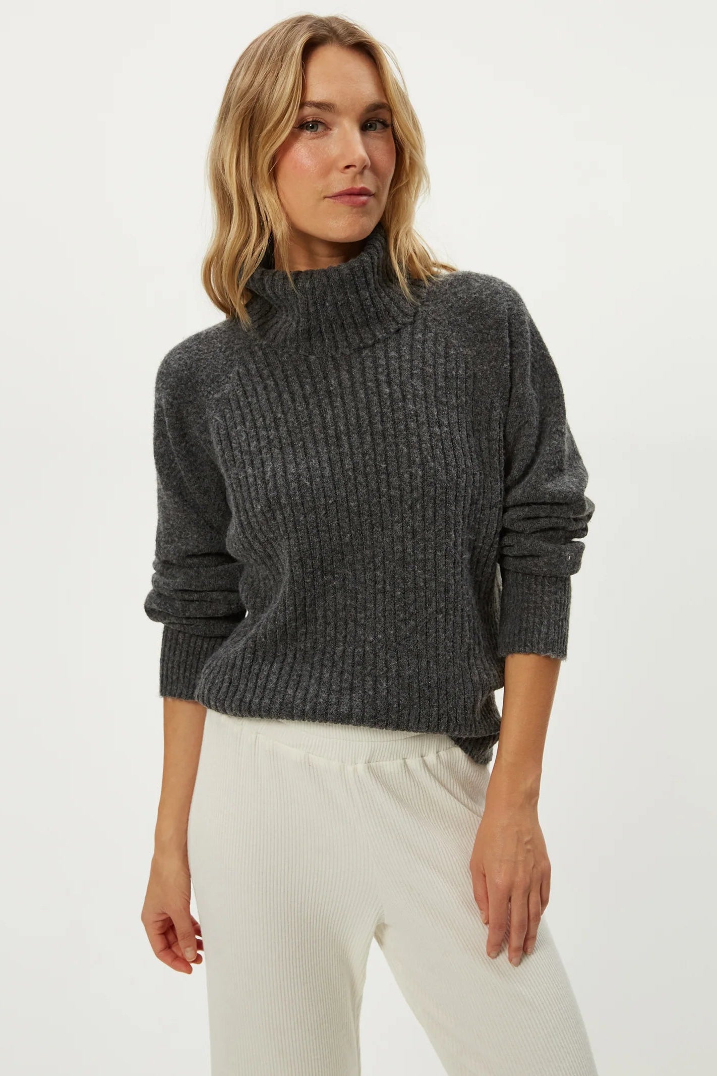 STORM T-NECK PULLOVER IN CHARCOAL FRONT VIEW