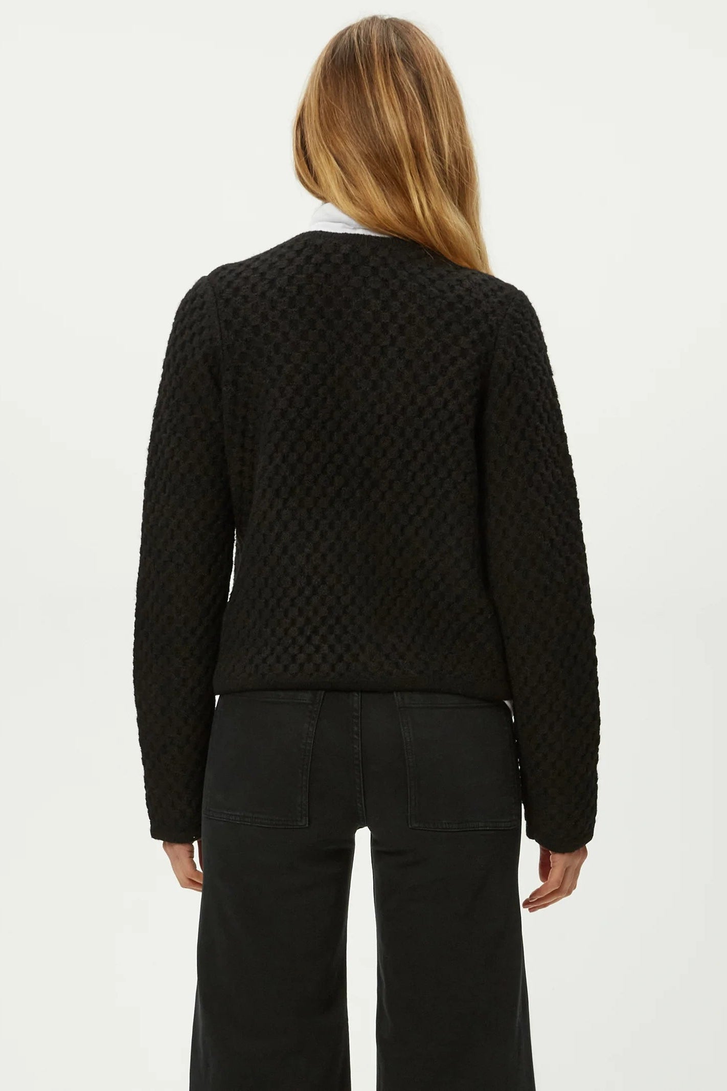 CERA HONEYCOMB STITCH CARDI IN BLACK BACK VIEW