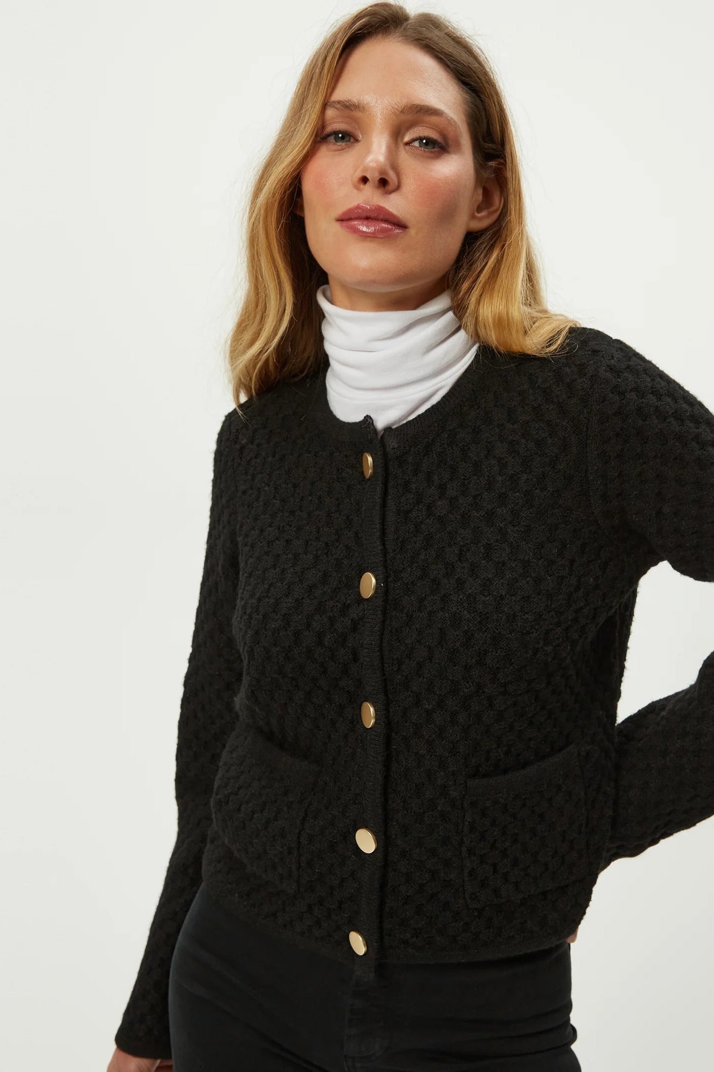 CERA HONEYCOMB STITCH CARDI IN BLACK FRONT VIEW