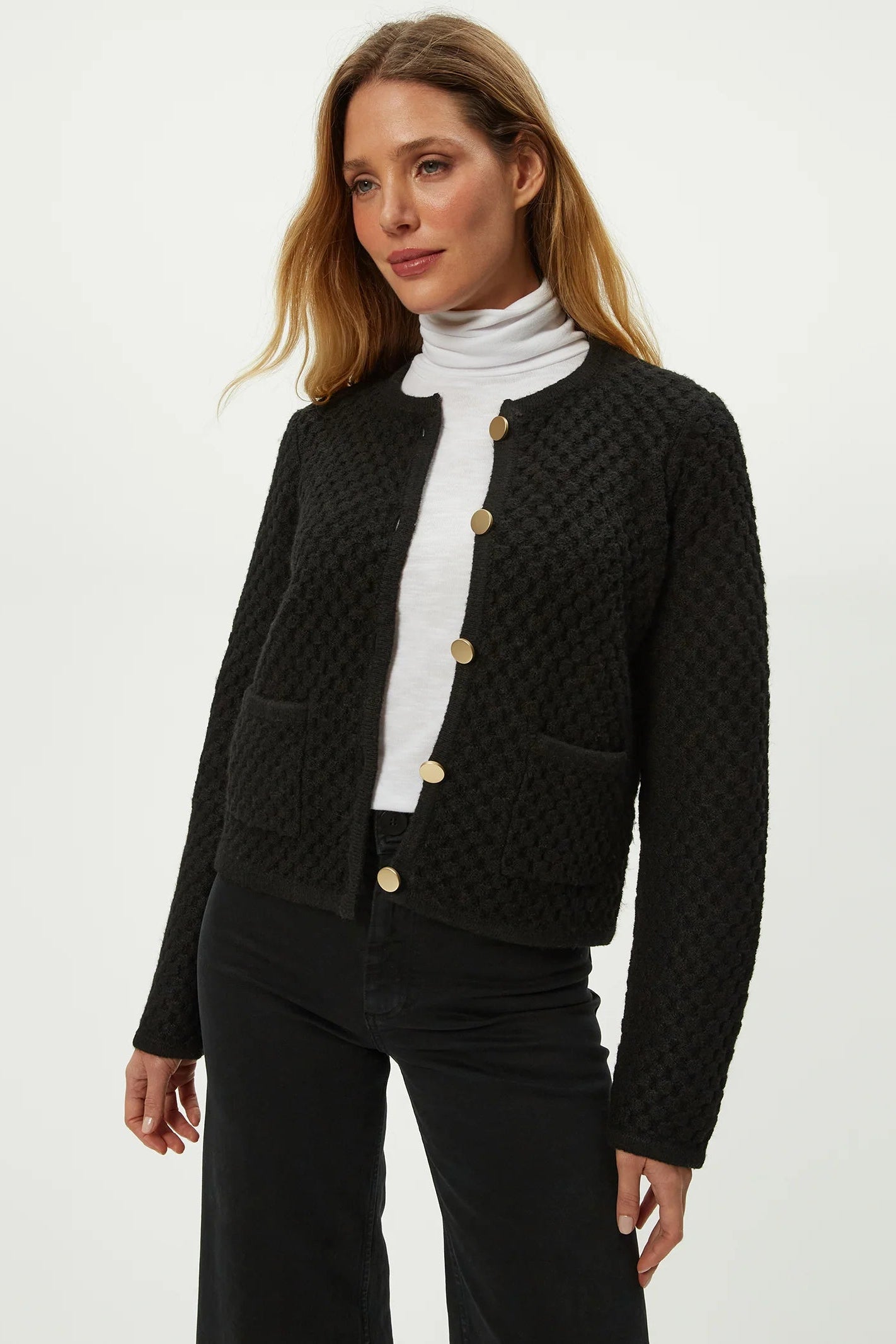 CERA HONEYCOMB STITCH CARDI IN BLACK FRONT VIEW