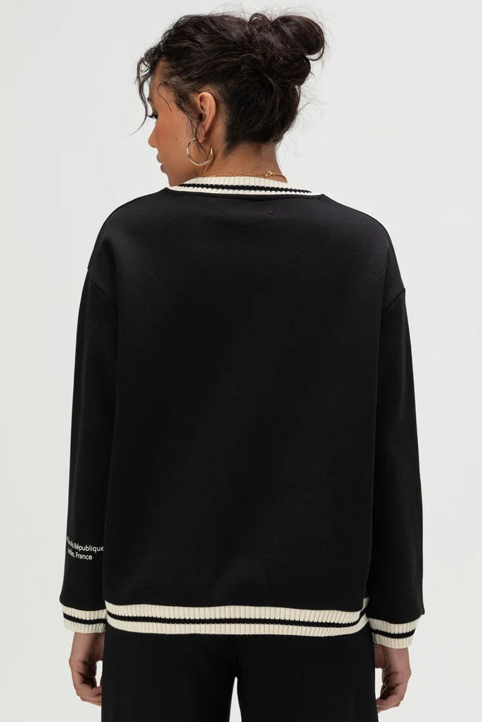 STRIPED RIB FLEECE CREW NECK IN BLACK/IVORY BACK VIEW